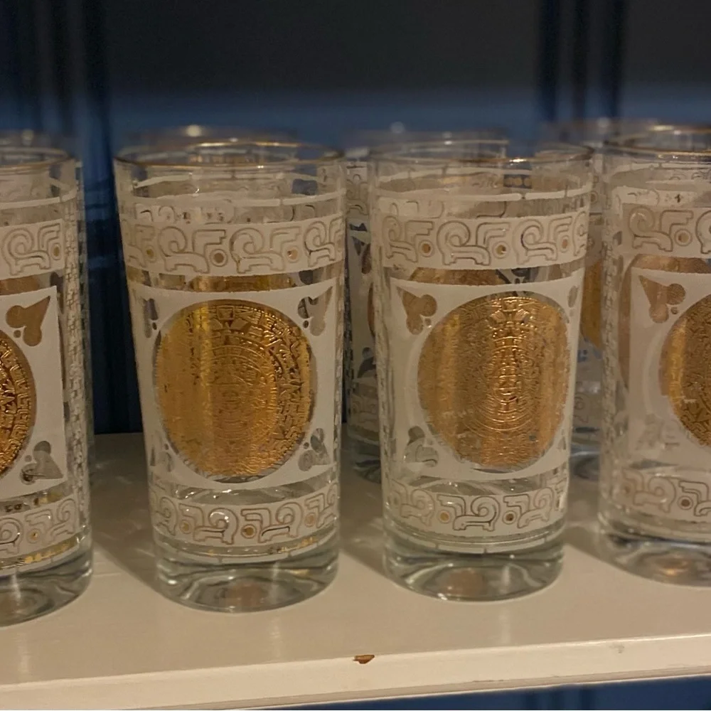mid century modern Hazel Atlas Frosted and Gilded Aztec Tumbler Cocktail Glasses
